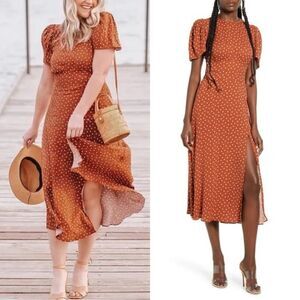 AFRM Midi Maxi Dress Brown Polka Dot Short Puff Sleeve size XS